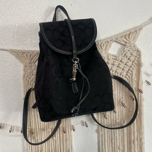 Coach Handbags - Vintage Coach Monogram mini Backpack Signature Jacquard Bag Black Leather Trim
